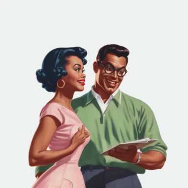 vintage 1950s illustration black woman talking to husband Clipart, on a white background, vintage aesthetic, character focus, 4K resolution, no background, realistic rendering, use using Cinema 4D