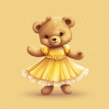 Adorable cute fantasy Teddy bear dressed like a Romantic ballerina, wearing yellow tutu, nursery art, clipart image, lineart image, solid background, high contrast with background , very detailed, 8k