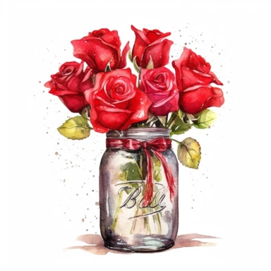 red roses, in mason jar, detailed, clip art, aquarelle, no text, white background