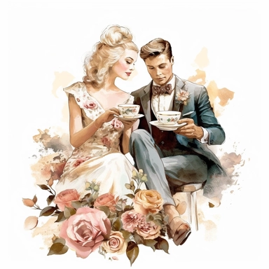beauty couple drinking coffee, vintage cups, flower digital clipart on white background
