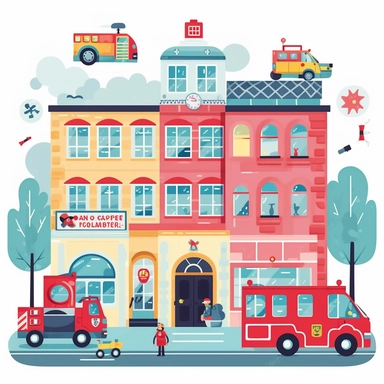 City, police station, hospital, fire department, ambulance, cars flat vector clipart, nursery decor, small child, cute, children room deco