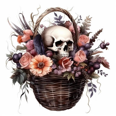Gothic style flower arrangement in the magical basket with watercolor effect,suitable for digital clipart,white background,gothic scene,gothic colors,twinkles , gothic little skulls,little eagle Clipart ,Cartoon,hyper realistic, intricate detail, illustration style,high solution,on the white background