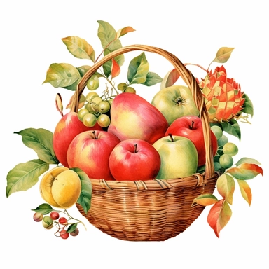 An endearing watercolor Malay Apple, Rose Apple, and Bell Fruit clipart of Malay Apple, Rose Apple, and Bell Fruit in basket 300DPI