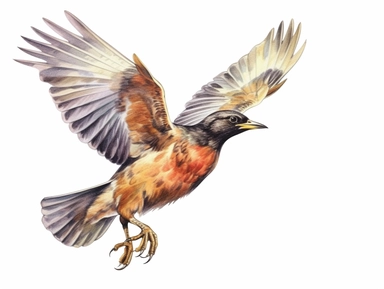 Redwing flying Watercolor isolated on white background, Watercolor Clipart painting, high quality, HD, children's book illustrations, realistic lifelike figures, white background