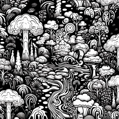 Trippy forest scenes with hidden weed references, trippy pattern, clipart black and white, simple outline