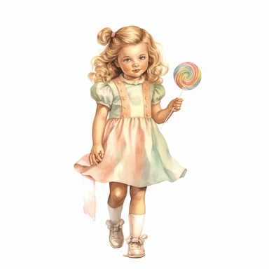 vintage adorable little girl eating rainbow candy, full body, pastel beige colors, clipart style, accurate details, watercolor technique, super high quality, professional watercolor clipart, high resolution