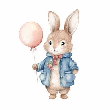 Watercolor svg clipart of a cute cartoon adorable Peter rabbit holding a blue balloon kawaii animal, illustration by Beatrix potter , pastel pink jacket, png isolated on white background