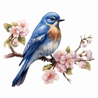 a watercolor bluebird sitting on a branch with blue flowers, in the style of realistic images, pictorial fabrics, instax film, detailed shading, pastoral charm, flat, limited shading, birds & flowers, clipart, white background