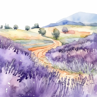 Clipart, watercolor, lavender fields, hand painted, botanical illustration, hand drawn, texture