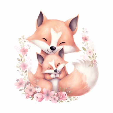 cute pink floral illustration, realistic adorable one baby cute fox hugging his cute mom, happy clipart, nursery style clipart, nursery animal art, kids wall art, baby room decor, isolated on white, ultra - detailed, high quality, ghibli style, award winning