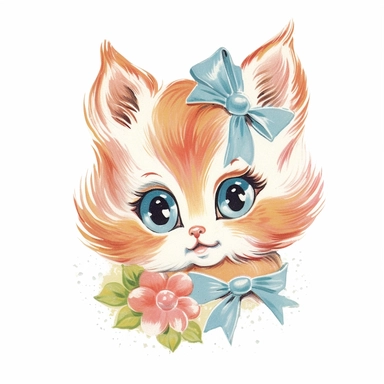 vintage Hand painted clipart of a pastel kitten with long eyelashes and rosy cheeks, playful and animated, in the style of vintage nursery kitsch Lefton, retro midcentury 1950’s, white background, contour