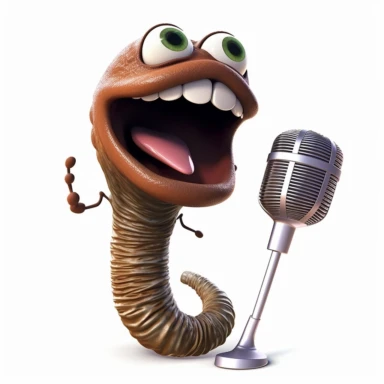 a long brown earthworm with an oversized mustache and big upper lip singing in a microphone clipart white background