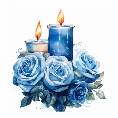 A watercolor painting of blue roses and candle, in the style of nostalgic illustration, graceful, illustration, transparent layers, elegant, emotive faces Sublimation Clipart,hyper realistic, intricate detail, illustration style,high solution,on the white background