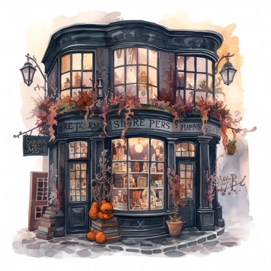 a spooky magic shop decorated for Halloween , diagon alley from Harry Potter inspired, magical, Gouache, white background with margins, Clipart style