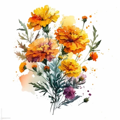 [9063799586] Watercolor clipart. An enchanting watercolor artwork featuring a charming bouquet of marigolds, their vibrant petals dancing with every brushstroke.. White background. No text. No caption. No logo