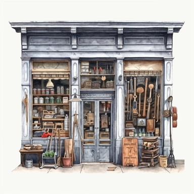 watercolor, hyper realistic, white background, white margins, 16k, ultra detailed clipart, cut out image, hand-drawn vintage hardware store with a wooden storefront and a window display of old-fashioned tools and hardware.