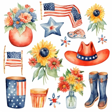 watercolour graphics collection including 4th of July cliparts: USA flag, cow in a USA flag bandana, hippy bus, American map in the American flag colours, cowboy boots with American flag colours, sunflower bouquet with the American flag, white background, in the style of emily balivet, soft, blended colors, contrasting colors, kawaii manga, floral explosion, vector, cartoon animated