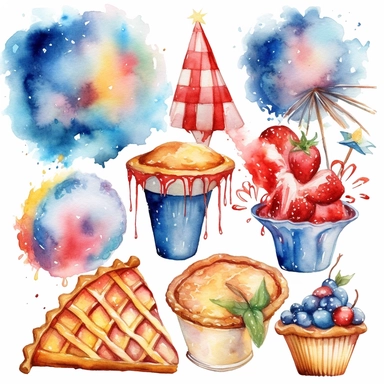 watercolor clipart set fireworks, state fair, blue ribbon, strawberry pie slice, lemonade, white background, photo realistic