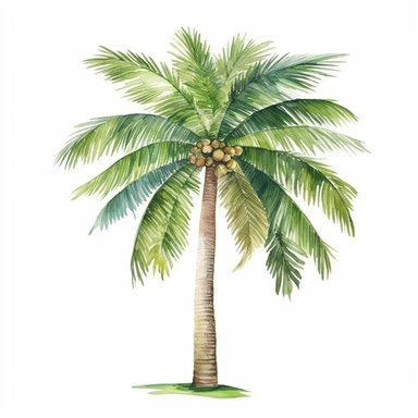 Watercolor A tall palm tree with coconuts and green fronds clipart, Minimalist, bright colors, isolated white background, 8k