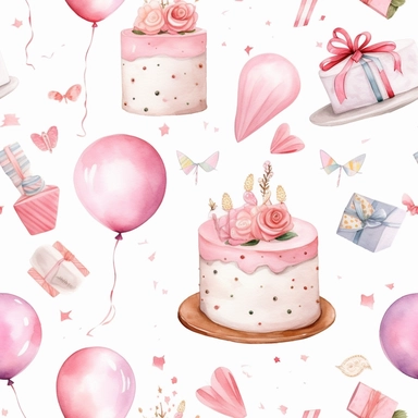 A cute collection on white with margins of birthday icon birthday cake, balloons, hearts, flowers, presents, watercolor, vector, clipart, elaborate, ultra - detailed, soft colors, rose gold and pink high definition, UHD