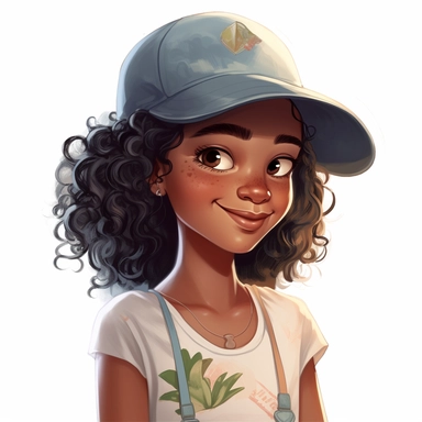 a drawing of a happy young little black girl wearing a baseball cap and tshirt, pretty summer sundress, black girl fantasy, cartoon illustrations, vector clipart, in the style of 32k uhd, lilia alvarado, walt disney, depictions of aristocracy, childlike, photorealistic details, white background