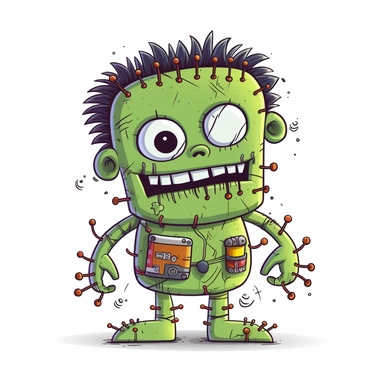 Cute Frankenstein's monster with bolts and stitches, white background, cartoon clipart