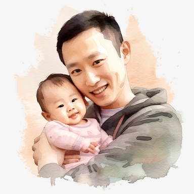 Clipart, Father's Day, Watercolor, Father, Baby in Arms, Asian, Happiness, Love, Kindness, Life, Clipart, Photorealistic, High Resolution Image, 3D, 8 K