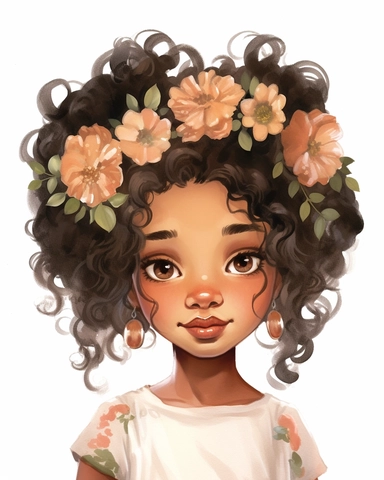 a little melanin girl portrait in watercolor Disney style clipart on white background, hugh eyes, sarah kay, holly hobbies, valentines day