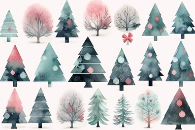 cute christmas tree watercolor cliparts watercolor illustrations stock, in the style of textured illustrations, light red and dark aquamarine, elaborate, kawaii chic, light maroon and dark gray, illustration, cartelcore