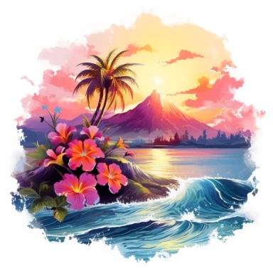 artwork majestic palm tree in digital painting style, beautiful flowers, sunrise mountains and clouds, big sea waves, water splahes, white background, colourful fantasy flower sorround, highly detailed clean, vector image, photorealistic masterpiece, professional photography, realistic, flat white background, isometric, vibrant vector, clipart, illustration, realism, 4k, cinematic, front view, white background