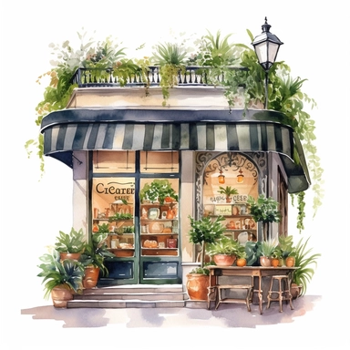 commercial shot of a french shop cafe corner with elegant vibe and green plants, pastel colors, watercolor ultra realistic illustration, isolated on white clipart, award winning