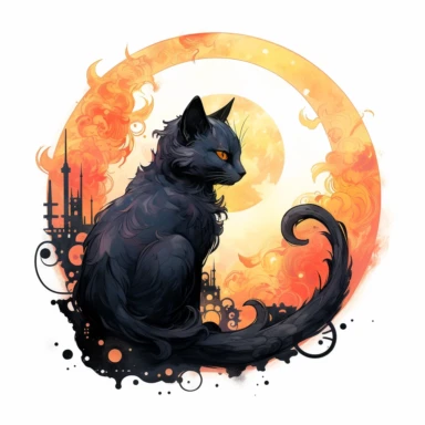 A beautifully painted cat with crescent moon behind it, hues of captivating orange, yellow and black, stunningly beautiful, refined and sophisticated, Hand drawn, Roberto Ferri, Clipart, beautifully colored with strong saturated pastel colors in a beautifully colored and fantasy magical fairytale mesmerizing style, emotionally pleasing watercolor style in the style, Pre-Raphaelitism,hyperrealism, 8k hd detailed quality on a white background