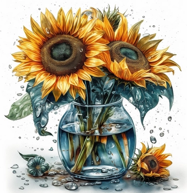 CREATE A MAGNIFICENT AND EXQUISITE BREATHTAKING HIGH QUALITY HIGHLY DETAILED WATERCOLOR CLIPART ILLUSTRATION OF STUNNING watercolor painting of sunflowers in a glass vase, in the style of realistic watercolor paintings, dye-transfer, adrianus eversen, dark cyan and gray, water drops, konica auto s3, charming illustrations