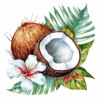 Pastel Cute Beautiful Hawaii Coconut tropical flower Watercolor Sublimation Clipart,Cartoon, hyper realistic, intricate detail, illustration style,high solution,on the white background