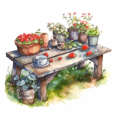 watercolor, hyper realistic, white background, white margins, 16k, ultra detailed clipart, cut out image, hand-drawn, whimsical, sticker style a cozy garden space with a wooden bench, a coffee table, and a rug on the grass. A pot of tea and a bowl of strawberries sit on the table, and a vase of flowers decorates the bench. The color theme is warm oranges and browns, with green foliage and pink flowers.