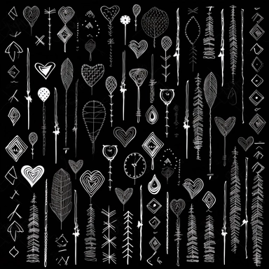 high resolution, solid black silhouettes, clip art, chalkboard drawing of arrows and hearts themed, 4k, white and black only