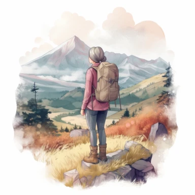 COZY semi-realistic scene of a female hiker , include a wide landscape, extreme wide angle view, transparent background, watercolour clipart illustration style, dreamy, intricate, illustration, detailed , 8k, png, clipart style, deep colours