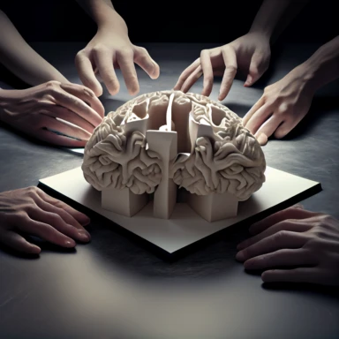 four human hands pointing (in discrimination), towards a realistic prototype human brain on a table in a well lit modern study with wide windows, , 8k ultra realistic 64bit color depth, people looking down on him, he is sitting in a calm modern and calm toned study, emotional conveyance , 3d clipart