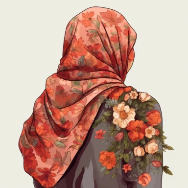 Hijabi woman back view clipart illustration, muslim lady clipart, veiled woman clipart, floral lady hijab clipart , digital illustration style,
