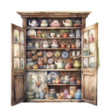 watercolor, hyper realistic, white background, white margins, 16k, ultra detailed clipart, cut out image, hand-drawn shabby cottage painting of a kitchen cupboard, celebration of rural life, georg jensen, mixes painting and ceramics, beatrix potter, konica big mini, symbolic props