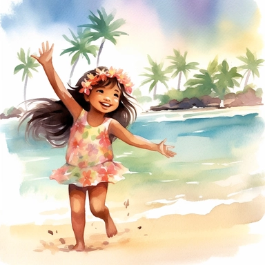 watercolour, beautiful soft colours, tropical island setting, showcase an adorable little Hawaiian girl doing the hula on the beach with her family, she feeling is happy, celebration, they are all wearing flowers in their hair, beautiful clipart style