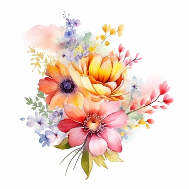 watercolor summer flower group for corner of invitation, clipart isolated on clear white background, soft colors, boho, lithograph, 32k uhd, textural