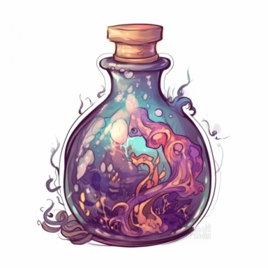 magical potion bottle, magical and mystical, video game style, clean and crisp, clipart, illustration, alchemical, smoke and embelishments, wizards potions, isolated on white background
