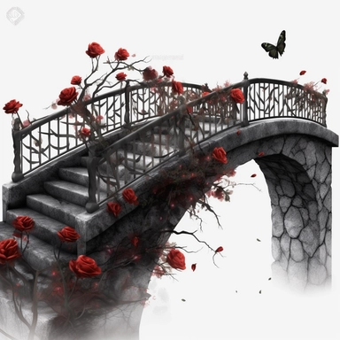 black Gothic Bridge Dark Fantasy Garden with red rose Clipart, white isolated background, space out, hd, 8k, realistic
