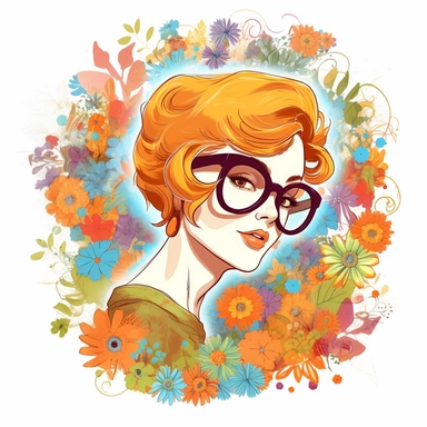 the full body retro 1960s cartoon female with oval glasses illustrated by Doug Wildey surrounded by flowers image is on white background, in the style of hard, bloomcore, actual colo, distinctive noses, fine feather details, hard tonal range, gianni strino transparent, stickers, white background, clip art, clipart, textbook, lion illustration by sara scott, in the style of highly detailed, isolated figures, gothic illustration, serene body, realistic paintings, transparent white background, east