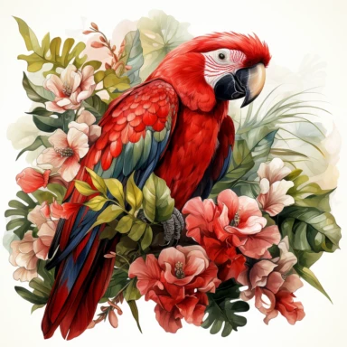 hyperrealistic ultra detailed watercolor clipart, red parrot with jungle flowers, white background, in the style of digital print, clipart, illustration, sticker, ultra high definition, rich details, 32K, HD