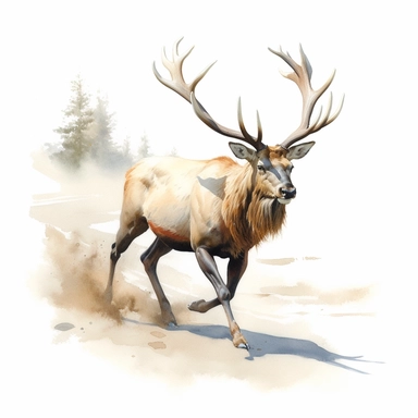 watercolor for a clipart with a white background of an elk running, hyperrealism, painted by Bo Bartlett