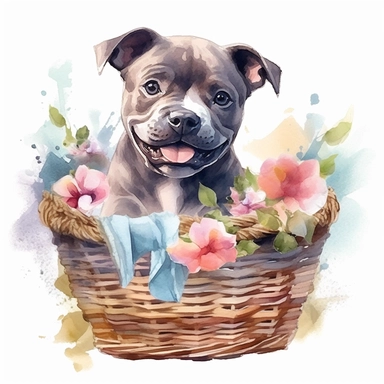 clipart watercolor, very cute Staffordshire Bull Terrier puppy, sitting in a basket with flowers, full body, childlike, free brushwork, white background, high solution