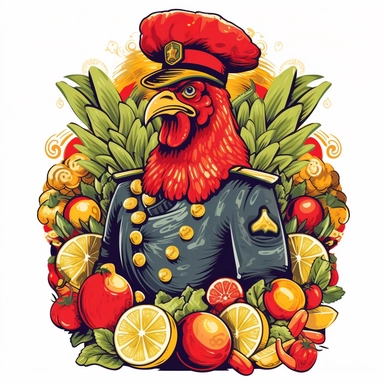 a rooster that has hispanic features in a military uniform surrounded by piles of lemons, limes, and spicy chili peppers clipart style