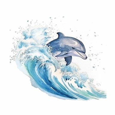 Watercolor hand-drawn dolphin illustration - jumping up from the foamy ocean wave, playful, happy mammal. Character, logo, children wallpaper, doodle, cartoon. Marine clip art. Ocean, sea inhabitant. White Background